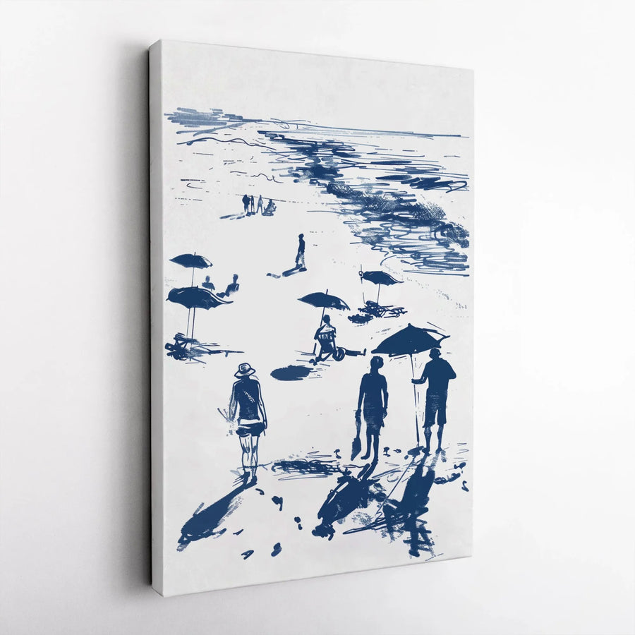 Beach Sketch Canvas Wall Art | Blue and White Seaside Scene | Premium Gallery-Wrapped Print | Coastal Home Decor for Living Room