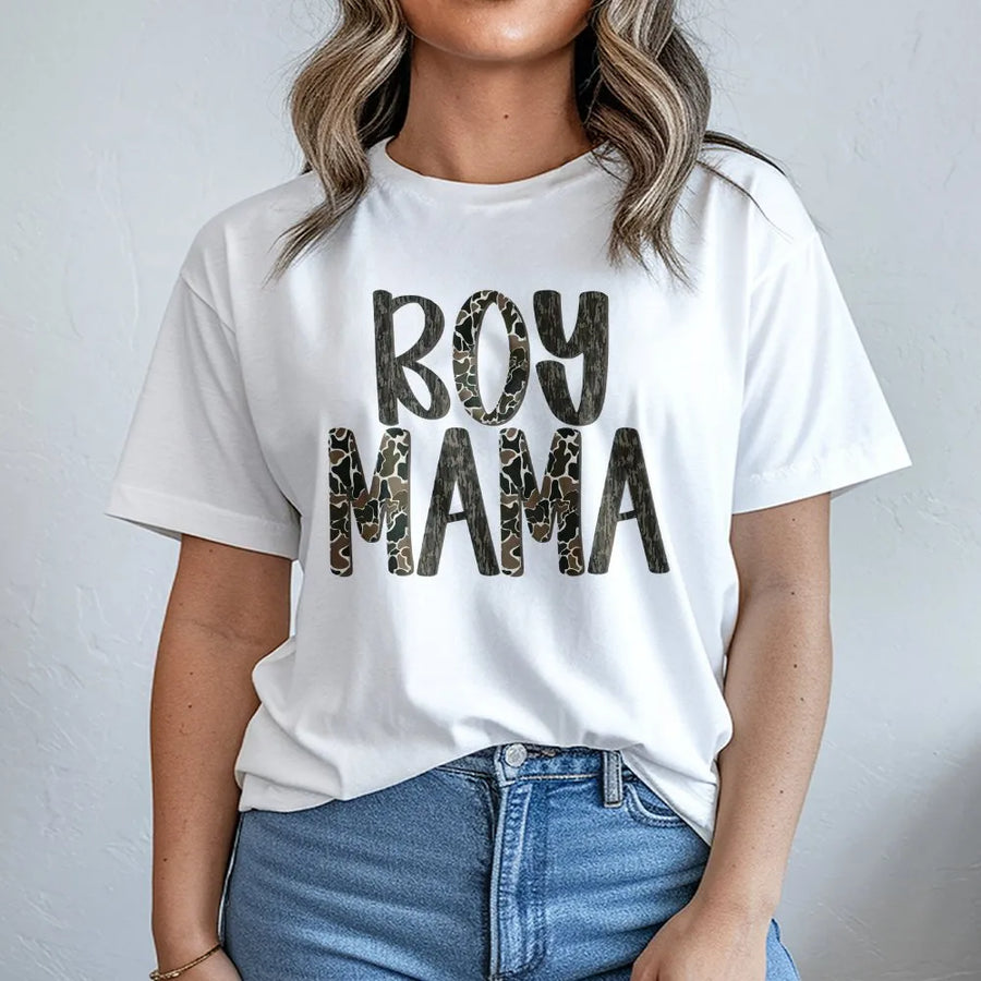 Boy Mama Camo T-Shirt | Distressed Hunting & Bark Texture | Soft Cotton Graphic Tee | Gift for Outdoorsy Mom, Country Mama Apparel