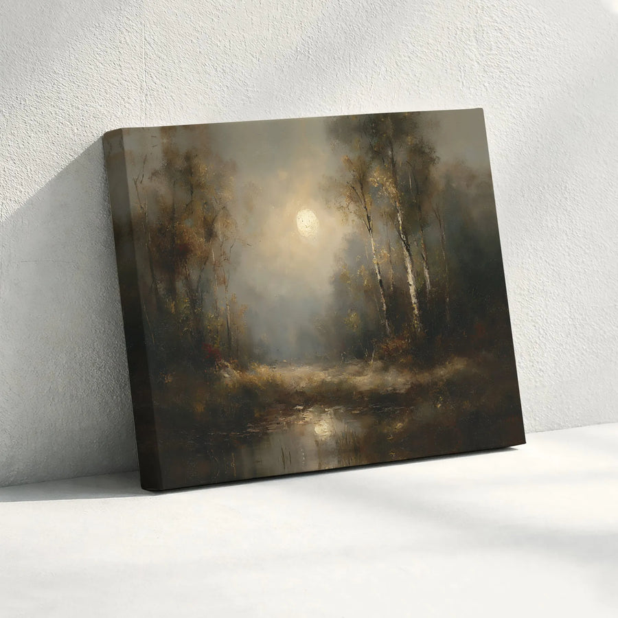 Misty Forest Landscape Canvas Wall Art | Moody Moonlit Lake Painting | Gallery-Wrapped Premium Print | Nature Home Decor Gift