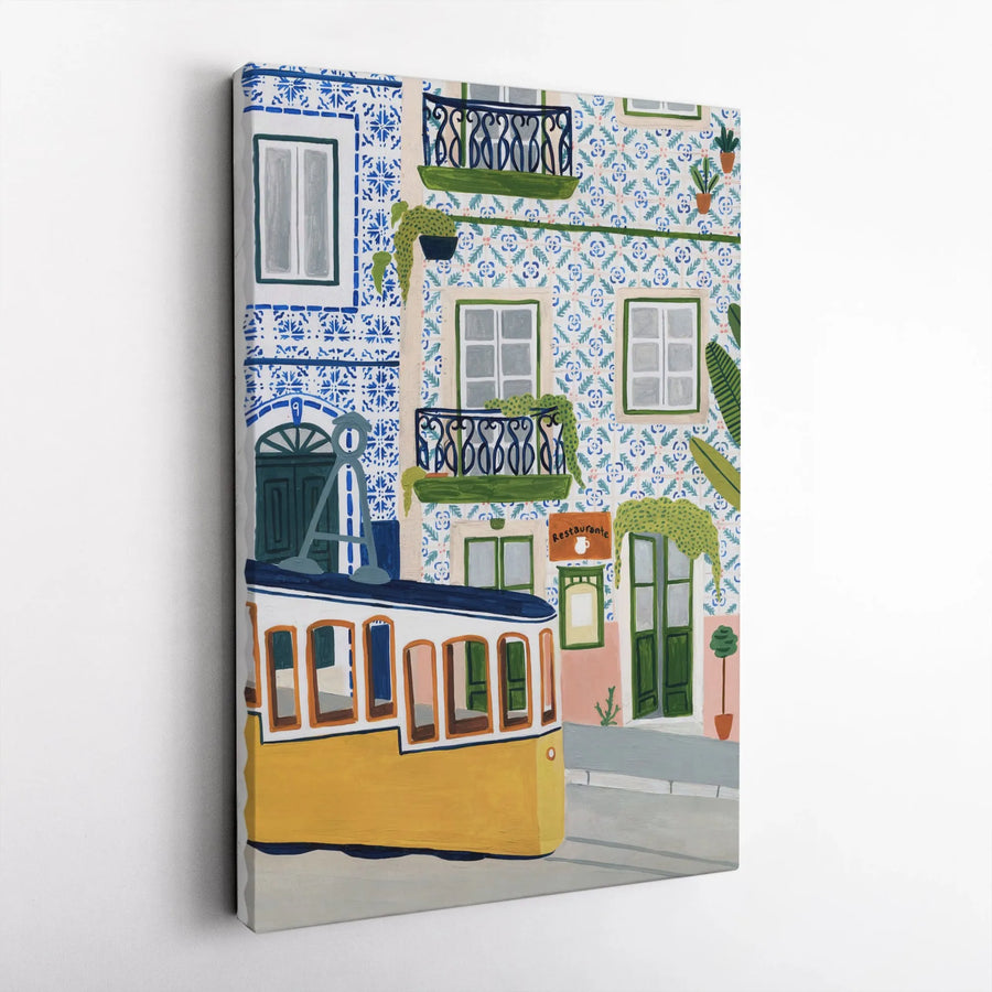 Lisbon Portugal Tram Canvas Print | Vibrant Azulejo Tile Street Scene | Premium Matte Canvas | Collector's Travel Wall Decor Gift