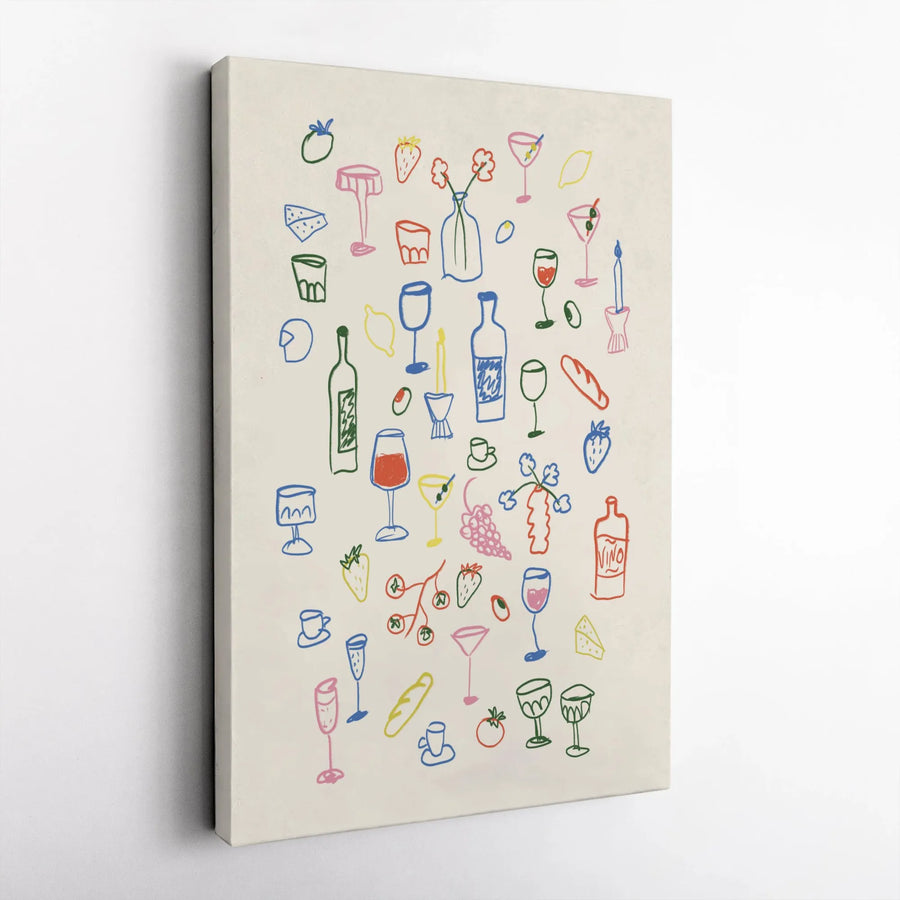 Colorful Wine Food Doodles Canvas Print | Minimalist Kitchen Wall Art | Premium Gallery-Quality Decor | Gift for Wine Lovers