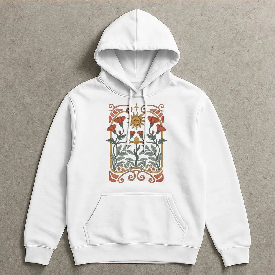 Boho Wildflower Hoodie | Art Nouveau Mystical Sun Graphic | Premium Cotton Blend Pullover | Cottagecore Aesthetic Gift for Her