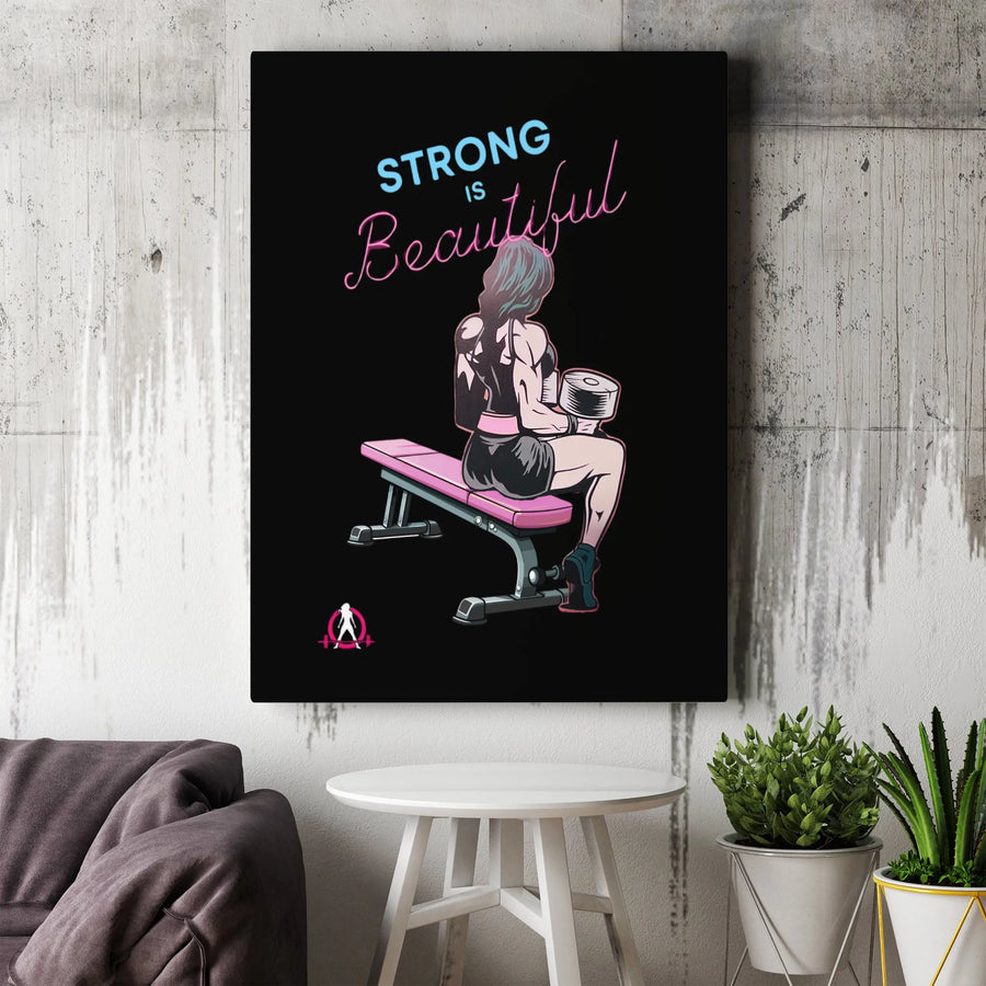 Strong Is Beautiful Canvas Wall Art | Female Fitness Motivation Decor | Premium Gallery Wrap Print | Inspirational Gym Gift For Women