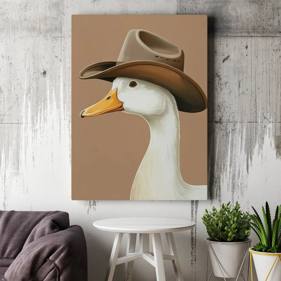 Cowboy Duck Vertical Canvas | Funny Animal Wearing Hat Portrait | Premium 1.25" Thick Gallery Wrap | Collector's Western Farmhouse Decor Gift