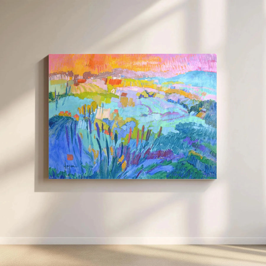 Impressionist Landscape Horizontal Canvas | Colorful Meadow Sunset Painting Style Art | Premium 1.25" Gallery Wrap Print | Modern Living Room Decor Gift