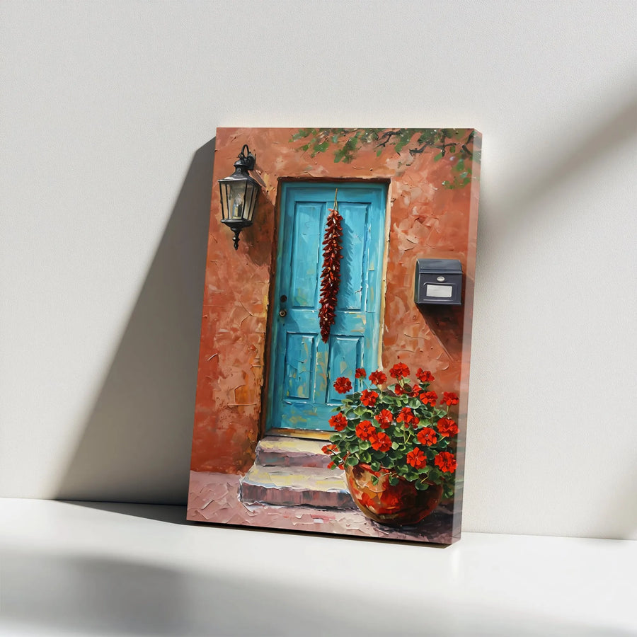 Blue Door Canvas Wall Art | Impasto Southwest Chili Ristra Print | Gallery Wrap Home Decor | Mediterranean Style Gift for Living Room
