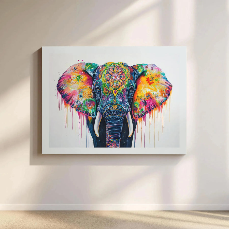 Colorful Elephant Wall Art | Mandala Splatter Paint Canvas | Gallery Wrapped Premium Decor | Vibrant Animal Print for Home Office Gift