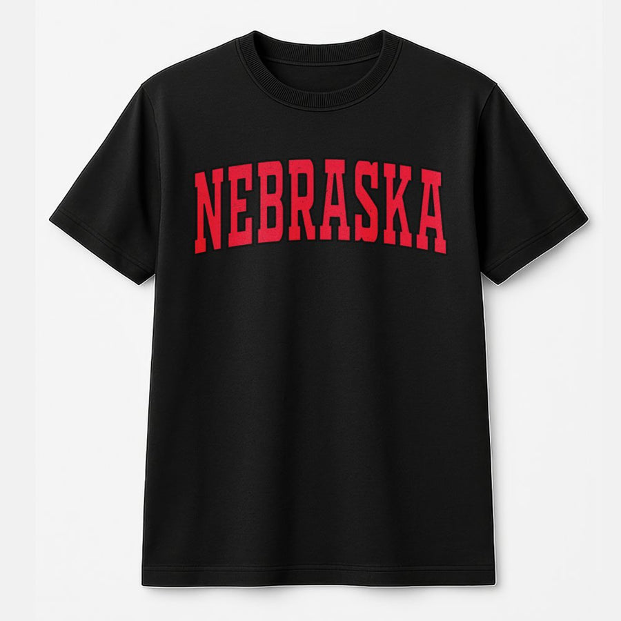 Nebraska In A Red Collegiate Arched Font With A Black Outline T-Shirt