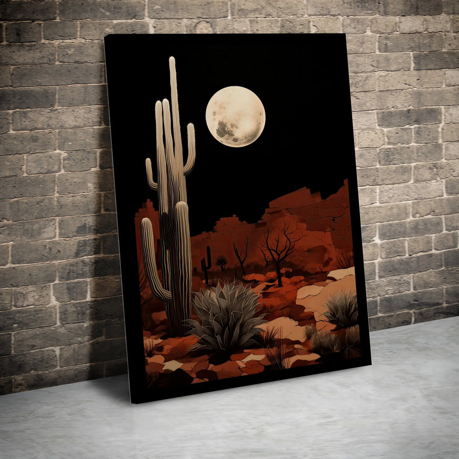 Southwestern Desert Canvas Wall Art | Saguaro Cactus Full Moon Nightscape | Gallery-Wrapped 1.25" Premium Print | Western Boho Home Decor