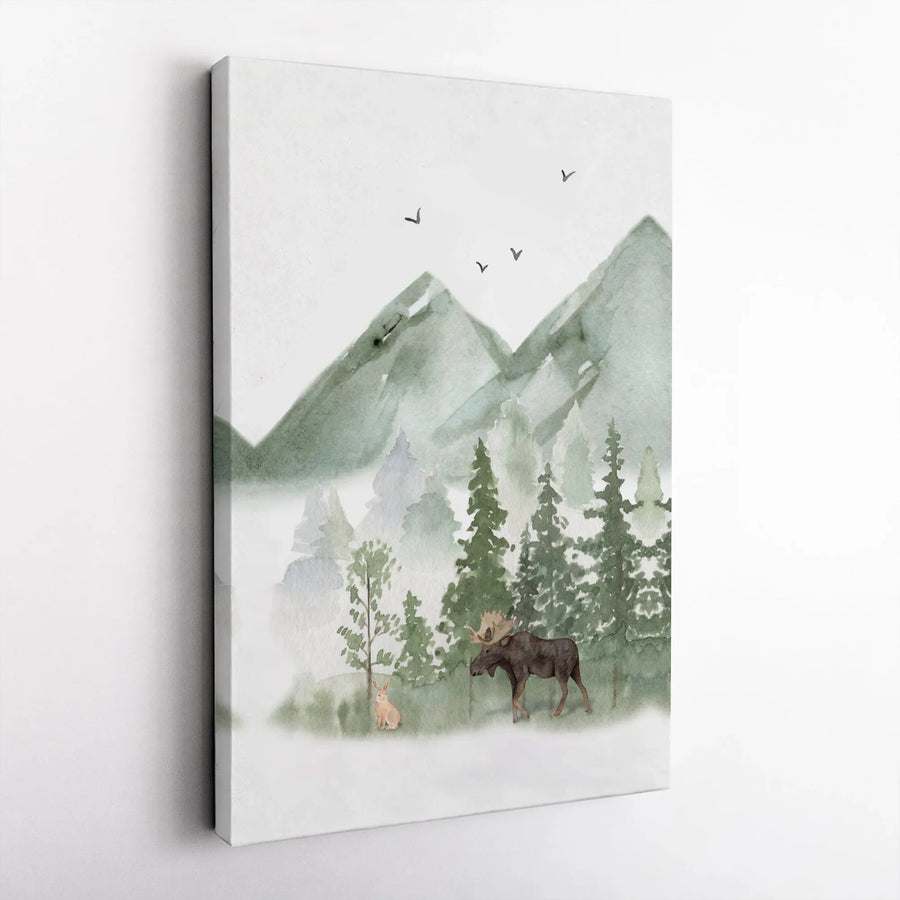 Watercolor Mountain Canvas Art | Forest Moose and Rabbit Wall Decor | Premium Gallery Wrap Print | Nature-Inspired Gift for Home or Office