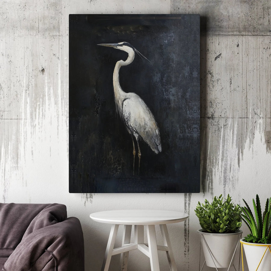 Heron Canvas Wall Art | Moody Vintage Bird Painting | Premium Fade-Resistant Canvas | Gift for Nature Lover & Dark Academia Home Decor