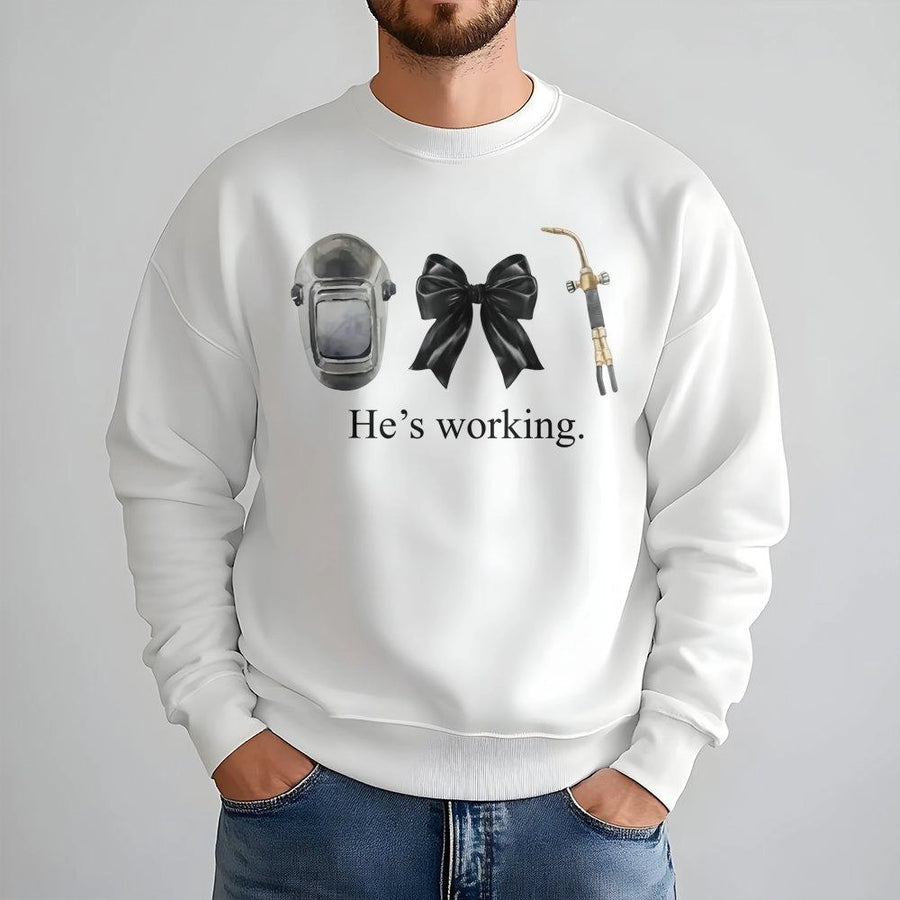 He's Working Sweatshirt | Funny Welder Wife Apparel | Premium Cotton Blend Crewneck | Cute Welding Girlfriend Gift Idea
