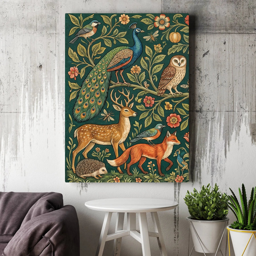 Woodland Animals Canvas Print | Vintage Peacock and Deer Forest Art | Premium Gallery Wrapped Wall Decor | Nature-Inspired Home Office Gift