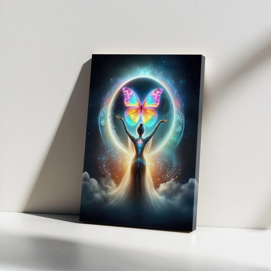 Spiritual Goddess Canvas Wall Art | Cosmic Rainbow Butterfly Moon Design | Premium 1.25-Inch Gallery Wrap | Bohemian Home Decor Gift