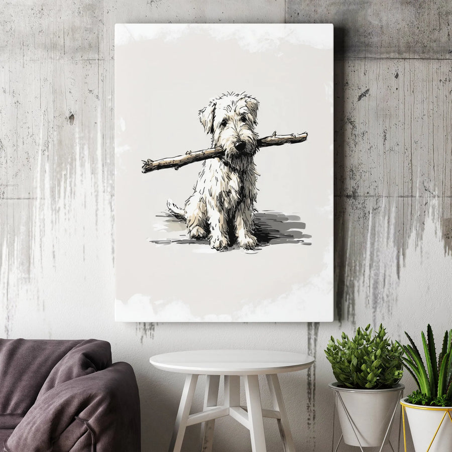 Scruffy Terrier Dog Canvas Wall Art | Sketch Style Puppy Holding Stick | Premium Gallery Wrapped | Whimsical Pet Lover Gift