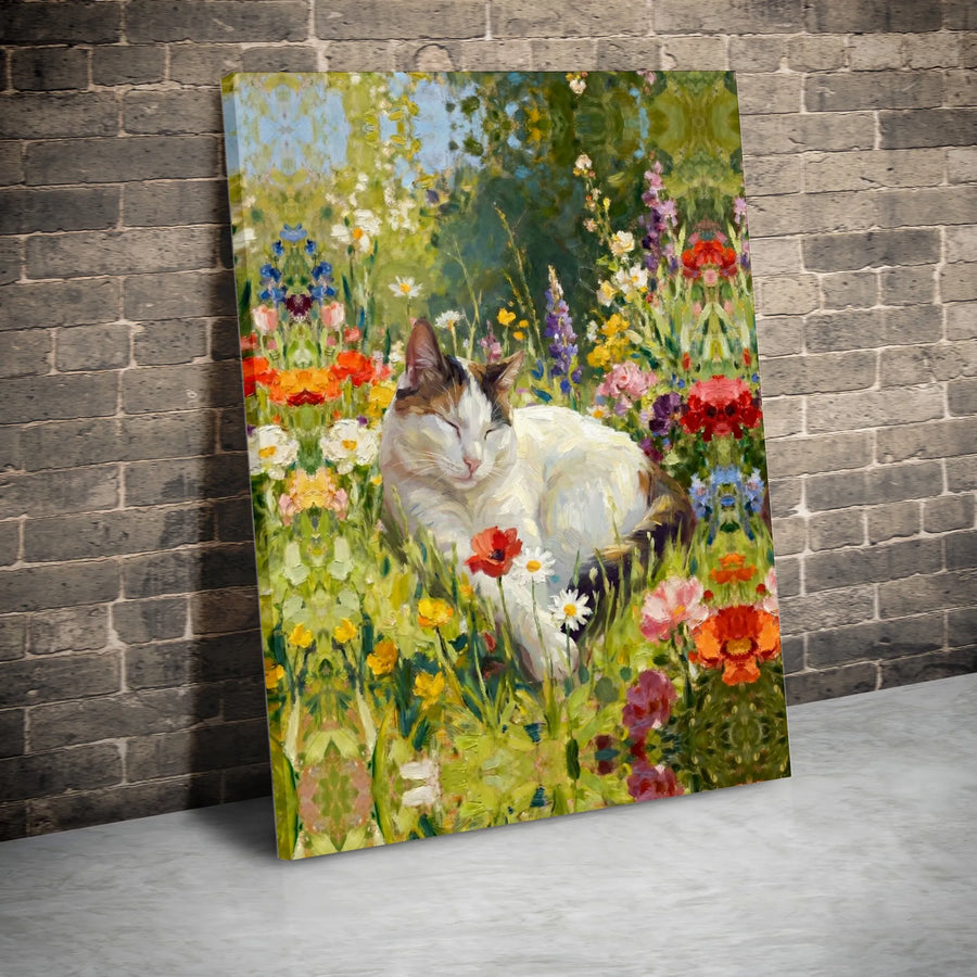 Sleeping Cat Canvas Art | Impressionist Painting in Wildflower Meadow | Premium Gallery Wrapped Print | Gift for Cat Lover Home Decor