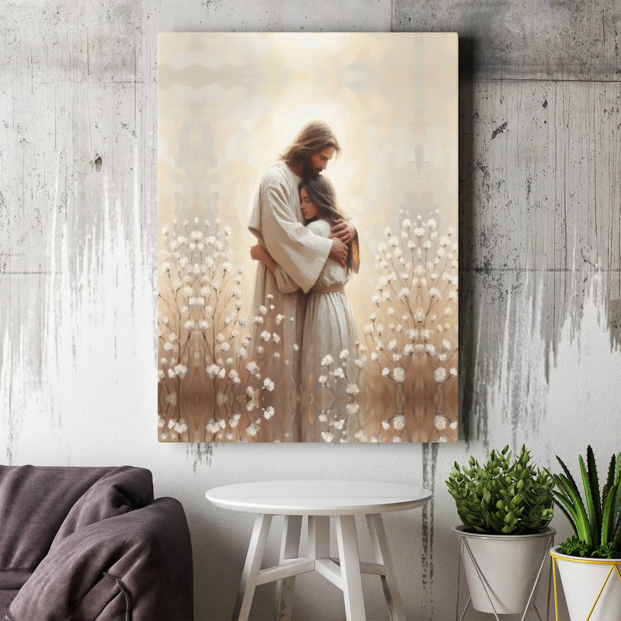 Jesus Christ Embracing Woman Canvas | Spiritual Comfort Wall Art | Premium Gallery-Wrapped Print | Meaningful Religious Gift for Home Decor