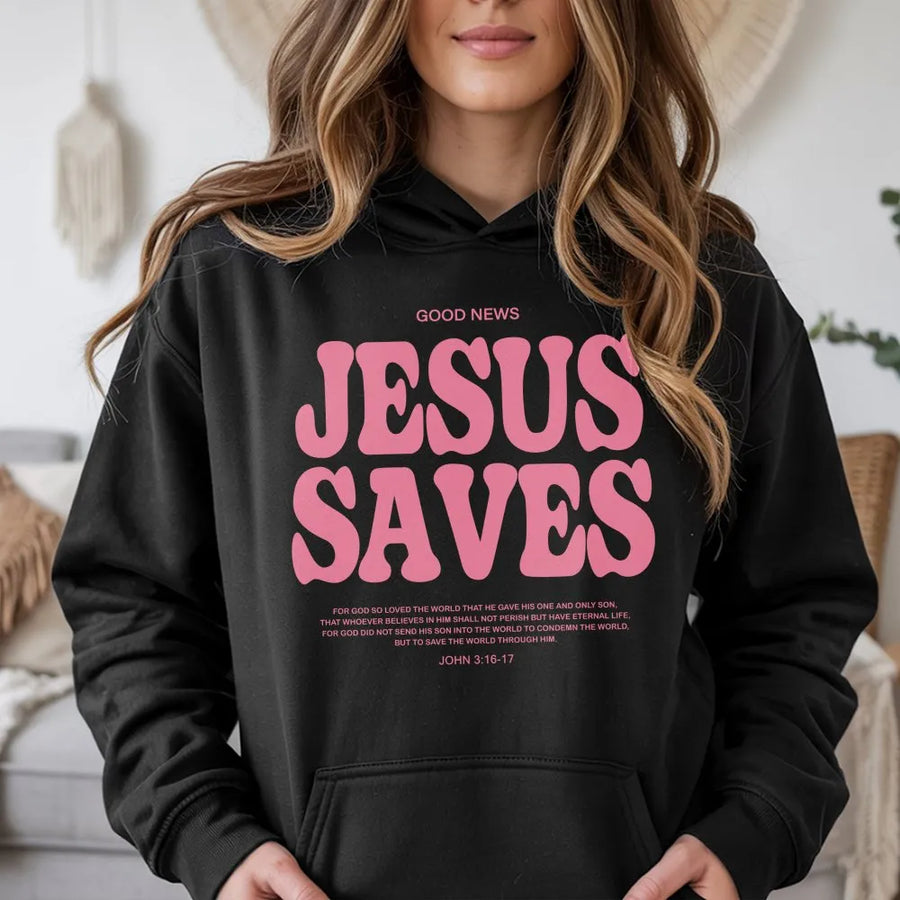 Jesus Saves Hoodie | Religious Bible Verse Graphic Streetwear | Premium Cotton Blend | Christian Gift for Men and Women