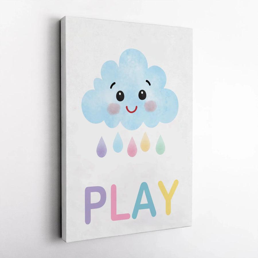 Cute Cloud Wall Art | Smiling Raindrop Nursery Decor | Premium 1.25" Thick Canvas Print | Pastel Playroom Wall Decor for Kids