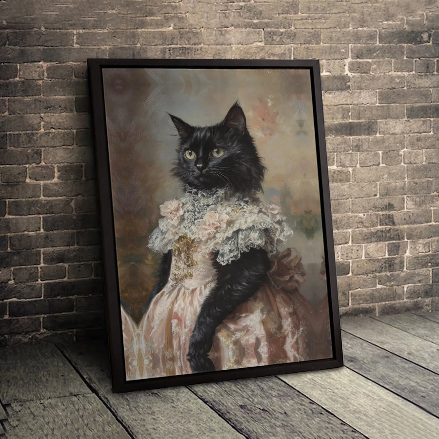 Regal Black Cat Wall Art | Victorian Dress Portrait Oil Painting Style | Premium Gallery Canvas | Unique Pet Lover Gift & Home Decor