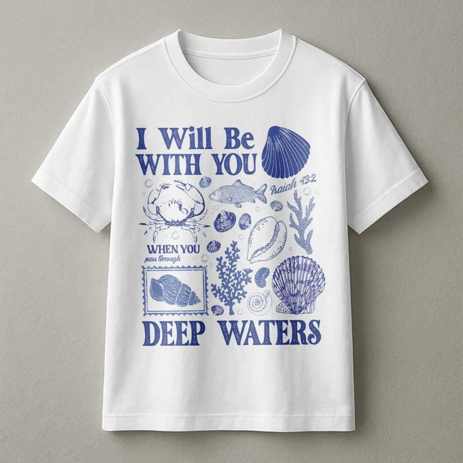 Isaiah 43:2 Bible Verse T-Shirt | Seashell Ocean Graphic Design | Premium Cotton Christian Apparel | Faith-Based Gift for Her and Him