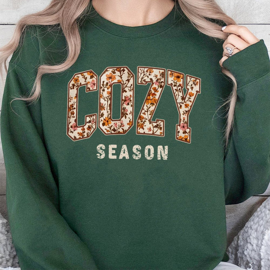 Cozy Season Sweatshirt | Floral Varsity Graphic Design | Premium Cotton Blend | Women's Fall Aesthetic Gift for Her