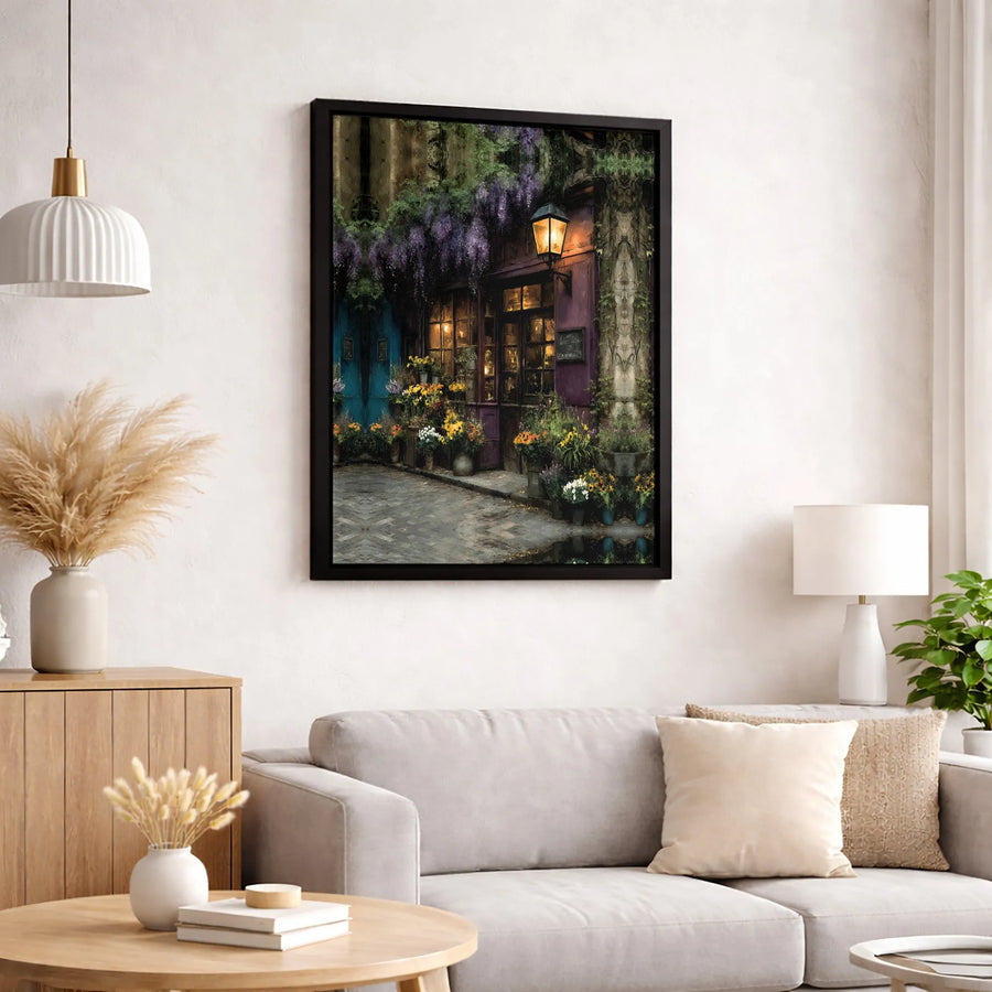 Parisian Flower Shop Canvas Print | Nighttime Wisteria Garden Art | Premium Gallery-Wrapped Wall Decor | Romantic French Cityscape Gift