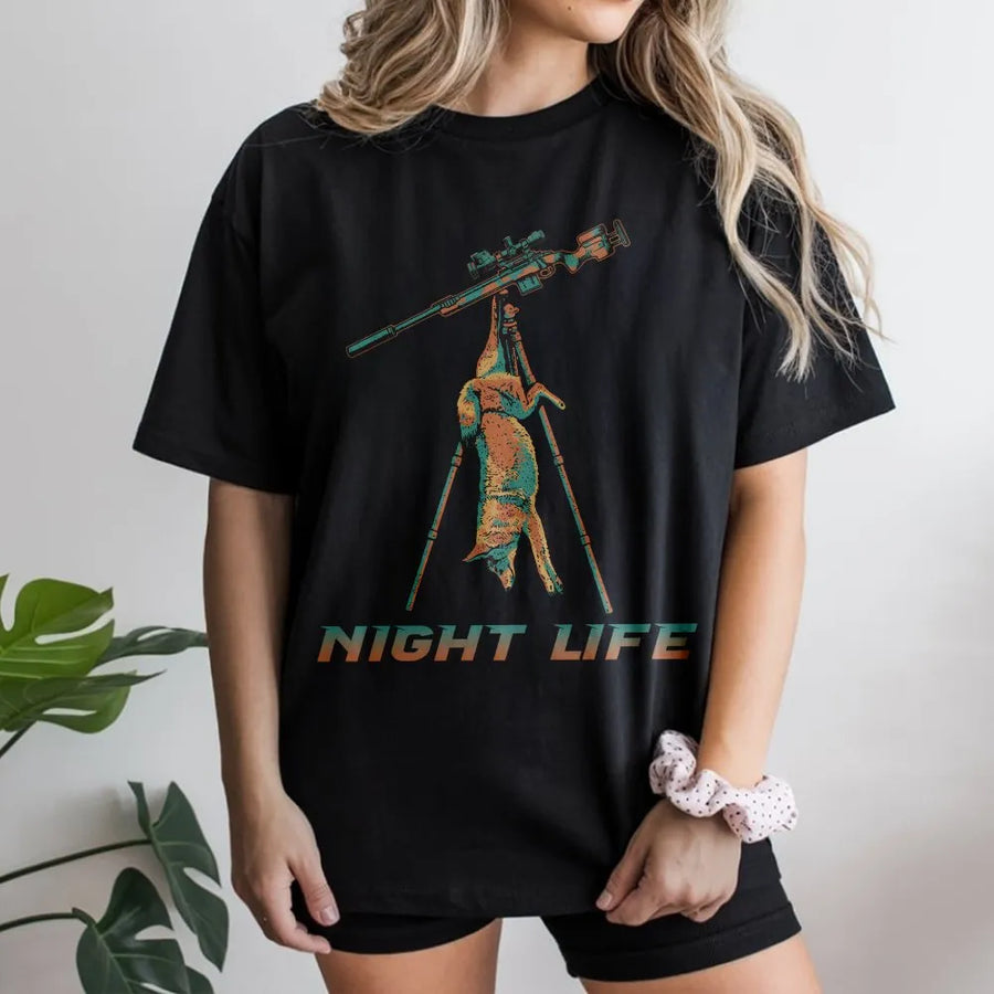 Coyote Hunting T-Shirt | Night Life Predator Hunter Graphic | Premium Cotton Blend | Gift for Varmint Hunters