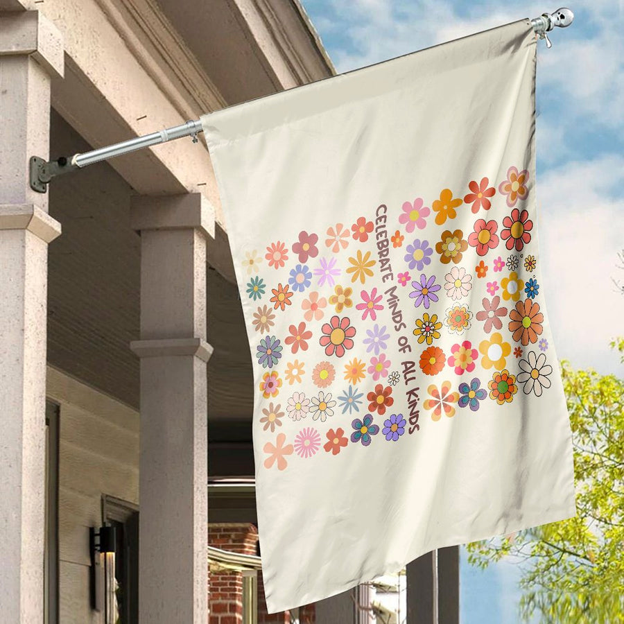 Celebrate Minds Of All Kinds House Flag | Retro Groovy Floral Garden Decor | Weather-Resistant Premium Polyester | Gift For Neurodiversity Awareness