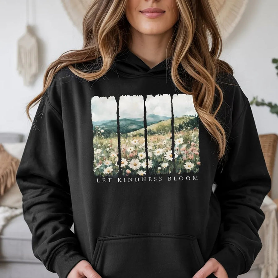 Let Kindness Bloom Hoodie | Watercolor Wildflower Meadow Graphic | Soft 100% Cotton Tee | Inspirational Gift, Positive Message Shirt