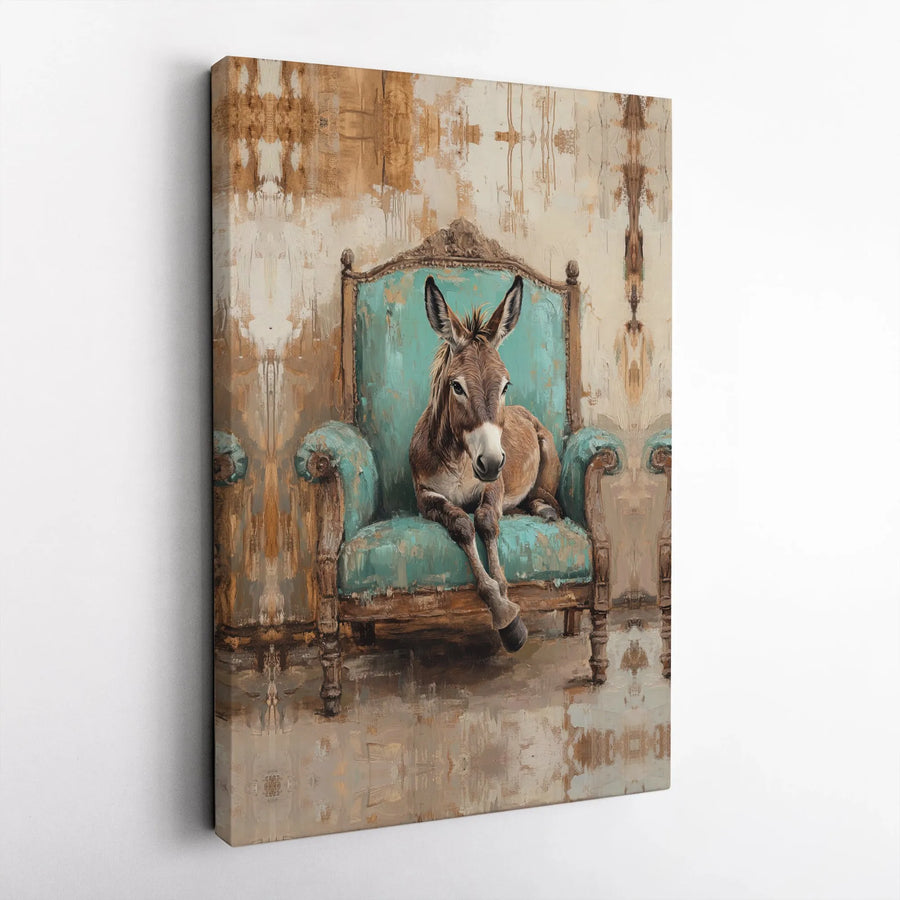 Donkey in Turquoise Armchair Wall Art | Whimsical Farmhouse Animal Portrait | Premium Gallery-Wrapped Canvas | Unique Gift for Animal Lovers