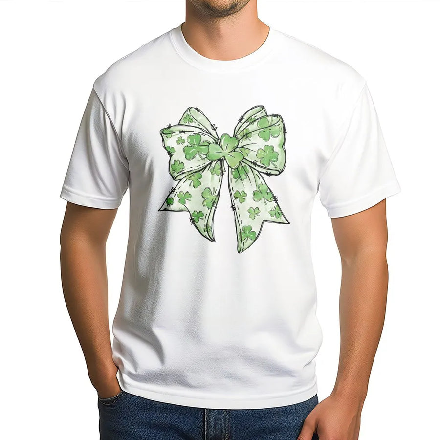 St. Patricks Day Shamrock Bow T-Shirt | Cute Irish Clover Graphic Tee | Premium 100% Cotton Shirt | Festive Gift for Women & Girls