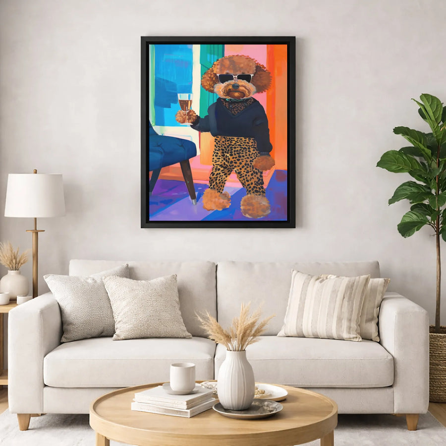 Poodle Wall Art | Sophisticated Dog Drinking Wine in Leopard Print | Premium Gallery Wrap Canvas | Unique Gift for Dog Lovers