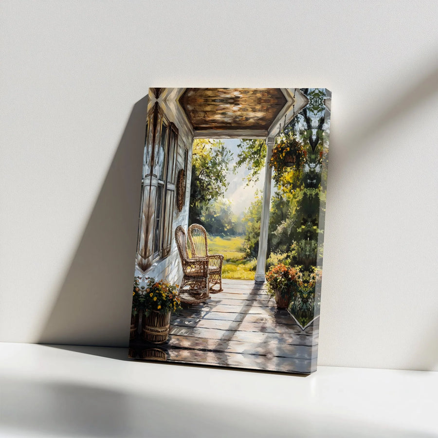 Rustic Porch Canvas Wall Art | Sunny Farmhouse Rocking Chair Scene | Premium Gallery Wrap Print | Peaceful Country Home Decor Gift