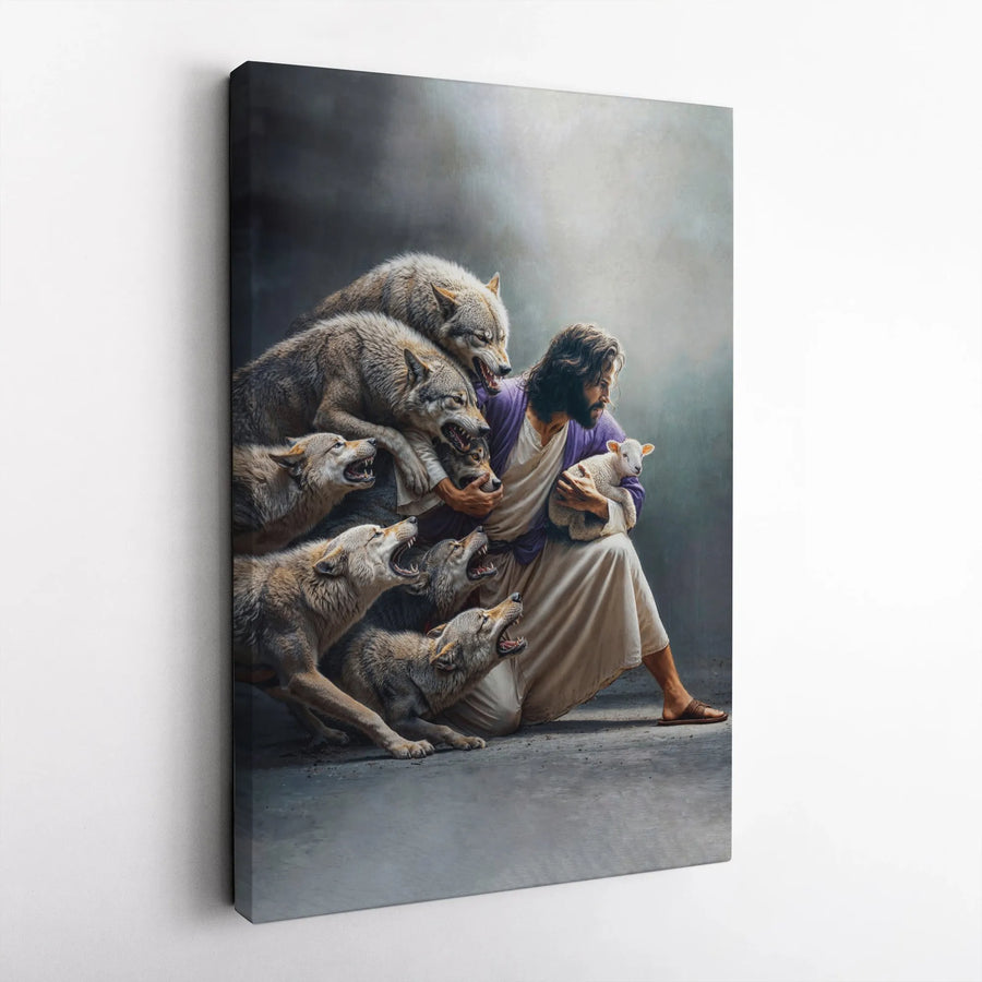 Jesus Protecting Lamb Canvas | Religious Wolf Wall Art | Premium Gallery Wrapped Decor | Christian Faith Gift for Home Office Wall