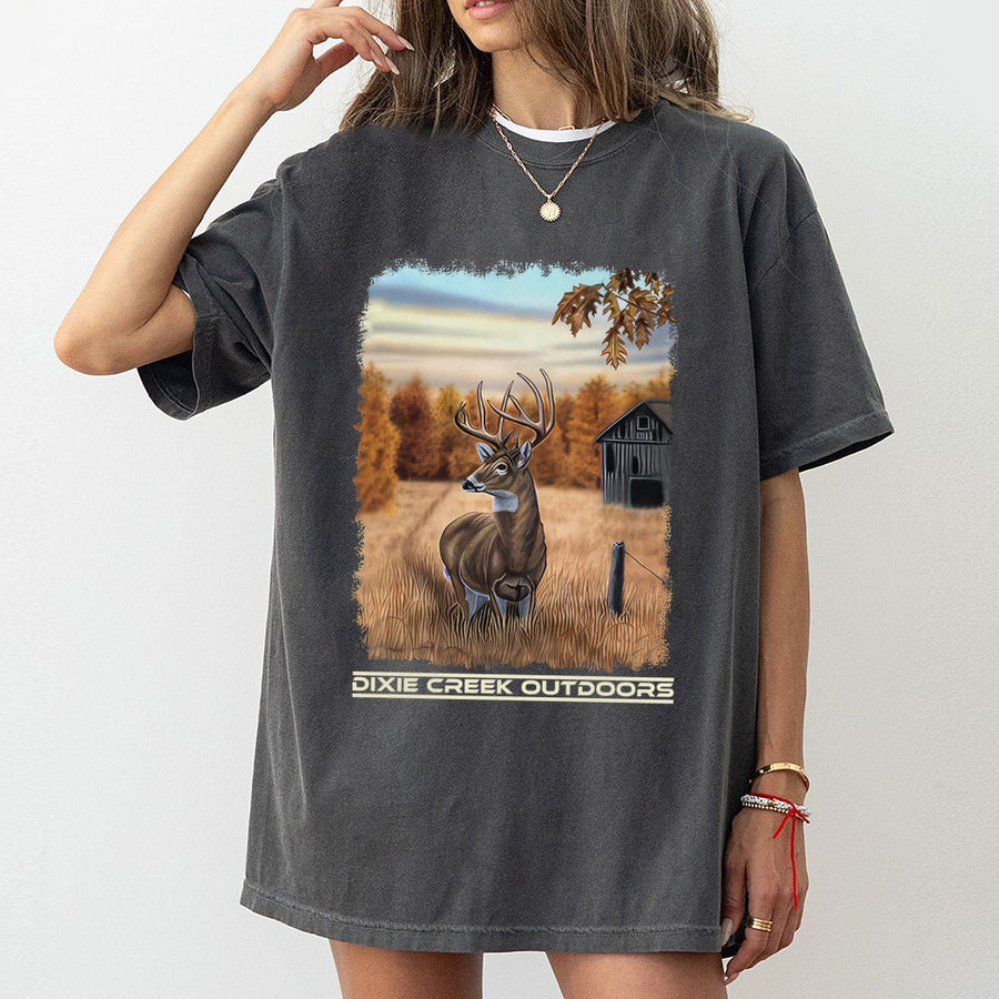 Whitetail Deer Graphic T-Shirt | Rustic Autumn Landscape Art | Premium 100% Cotton Apparel | Wildlife Gift for Hunters & Outdoorsmen