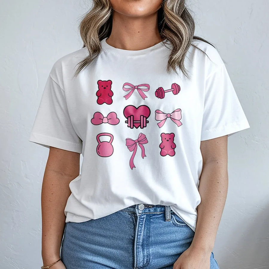 Pink Bow Gym T-Shirt | Aesthetic Gummy Bear Weightlifting Design | Premium Cotton Graphic Tee | Cute Fitness Gift for Women & Girls