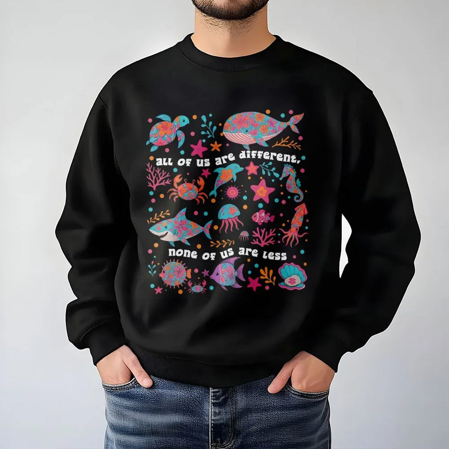 Neurodiversity Sweatshirt | All Of Us Are Different Sea Life Graphic | Premium Cotton Blend | Gift For Special Education Teacher Or Student