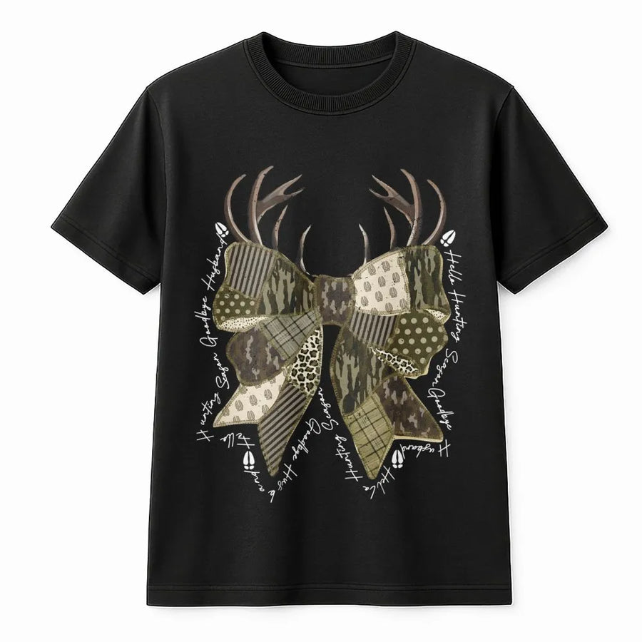Hunting Season T-Shirt | Camo Coquette Bow Graphic Tee | Premium Cotton Casual Wear | Funny Gift for Hunting Wives and Girlfriend