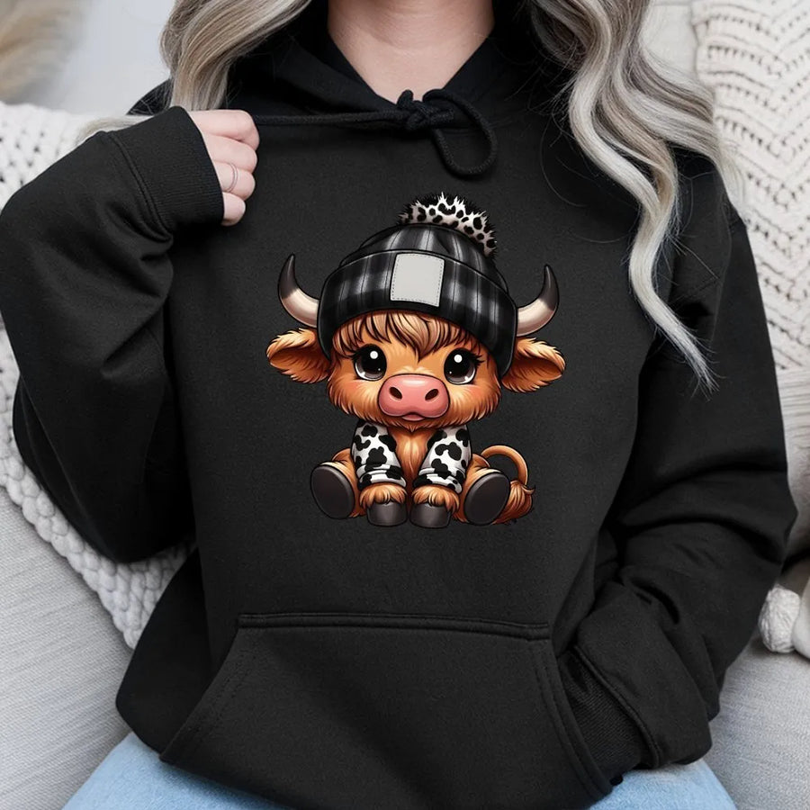 Cute Highland Cow Hoodie | Winter Beanie Plaid Design | Premium Cotton Blend | Aesthetic Farm Animal Gift for Cow Lovers