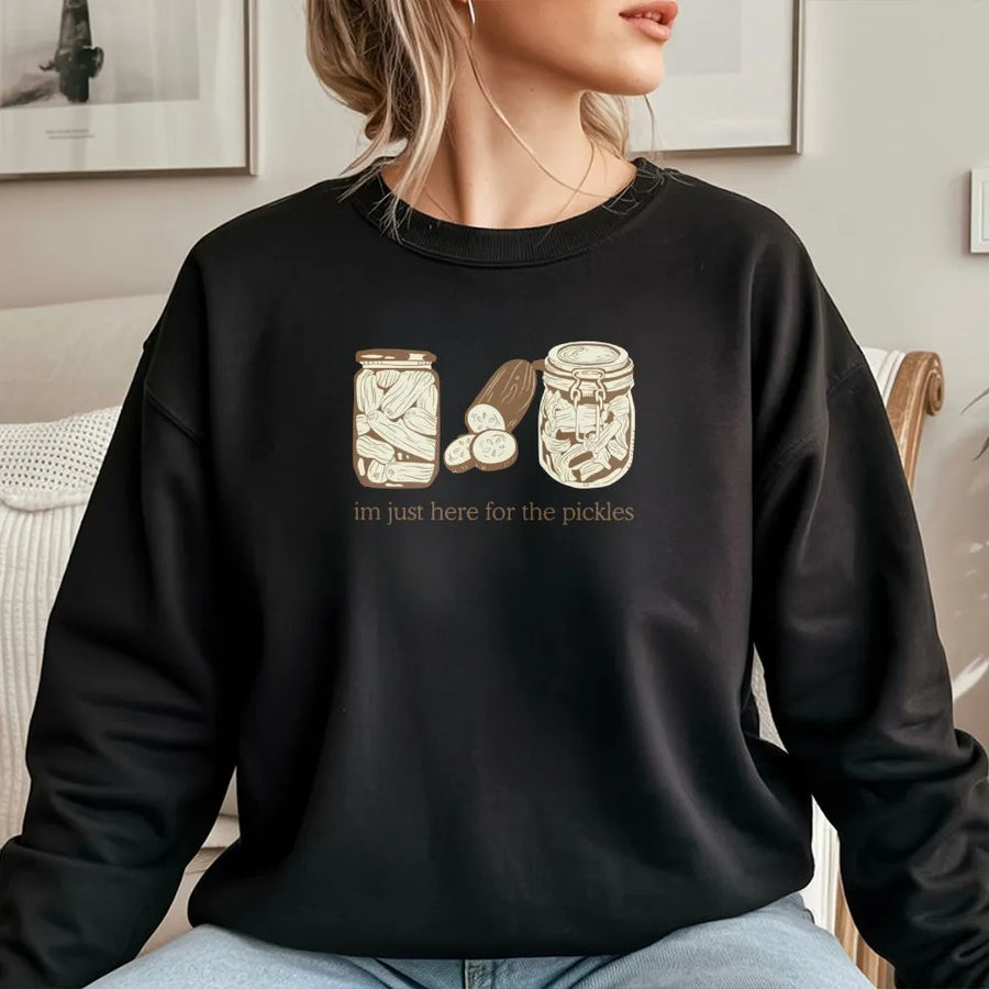 Pickle Lover Sweatshirt | I'm Just Here For The Pickles Graphic Print | Premium Cotton Blend Cozy Crewneck | Funny Foodie Gift For Pickle Enthusiasts