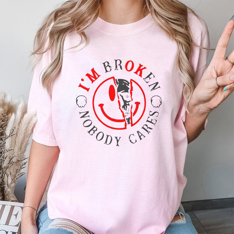 I'm Broken Nobody Cares T-Shirt | Edgy Skull Emoji Graphic Tee | 100% Cotton Premium Unisex | Emotional Aesthetic Streetwear Gift for Teens