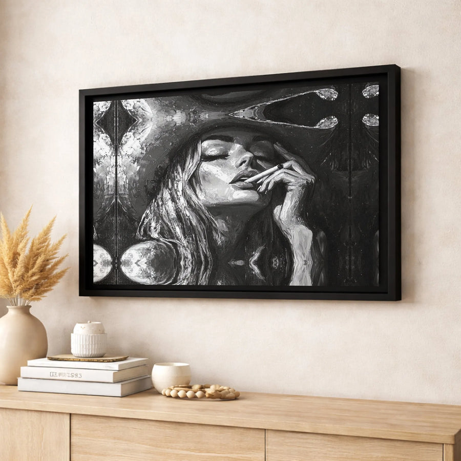 Woman Smoking Canvas Wall Art | Noir Fashion Portrait Print | Premium Gallery-Wrapped 1.25-Inch Profile | Edgy Sophisticated Home Decor Gift