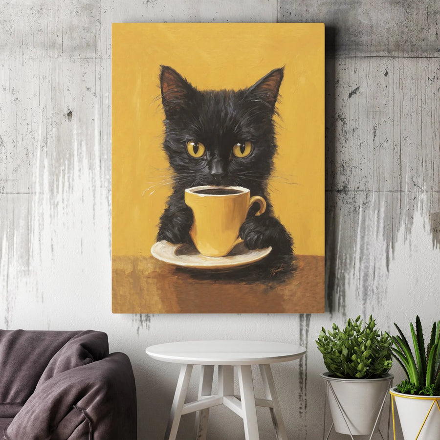 Black Cat Coffee Canvas Print | Whimsical Yellow Eyed Kitten Painting | 1.25 Inch Gallery Wrap Wall Art | Premium Kitchen Coffee Bar Gift
