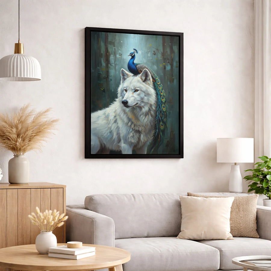 White Wolf and Peacock Wall Art | Surreal Wildlife Oil Painting Style | Premium Gallery-Wrap Canvas | Unique Animal Home Decor Gift