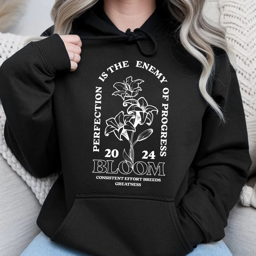 Inspirational Pump Cover Hoodie | Perfection vs Progress Quote with Floral Design | Premium Cotton-Blend | Motivational Gym Gift for Her