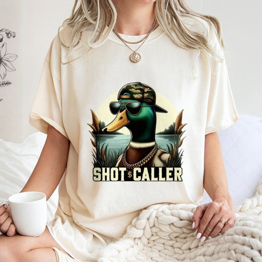Shot Caller Duck T-Shirt | Funny Hunter Camo Hat Design | Premium 100% Cotton Tee | Gift for Duck Hunters and Outdoorsmen