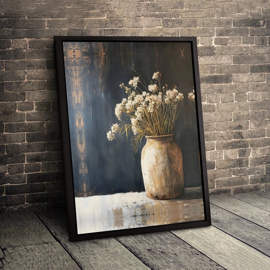 Rustic Floral Canvas Wall Art | Still Life Dried Flowers in Clay Vase | Premium Gallery-Wrapped Print | Farmhouse Home Decor for Living Room
