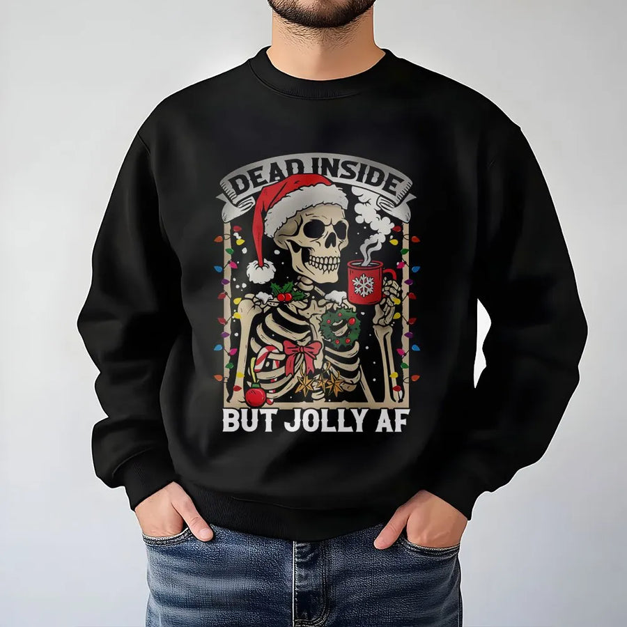 Dead Inside But Jolly AF Christmas Sweatshirt | Funny Skeleton Holiday Graphic | Premium Cotton Blend | Gift for Coffee Lovers & Sarcastic Souls