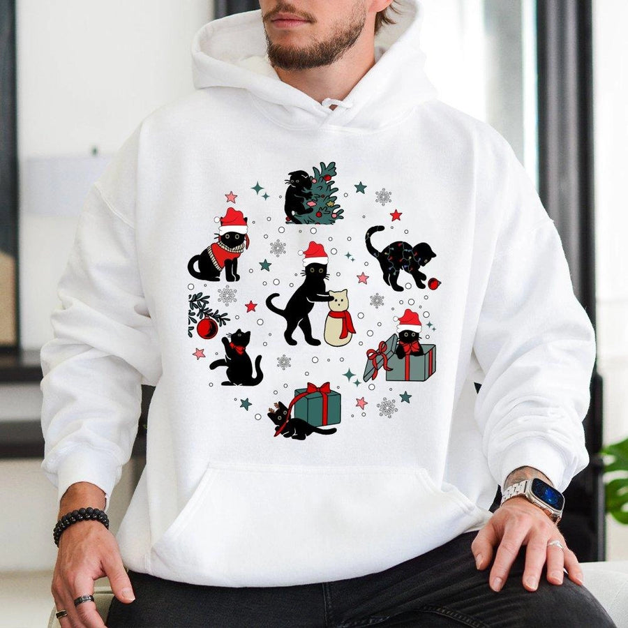Christmas Black Cat Hoodie | Festive Kittens with Santa Hats Design | Premium Cotton Blend | Cozy Holiday Gift for Cat Lovers